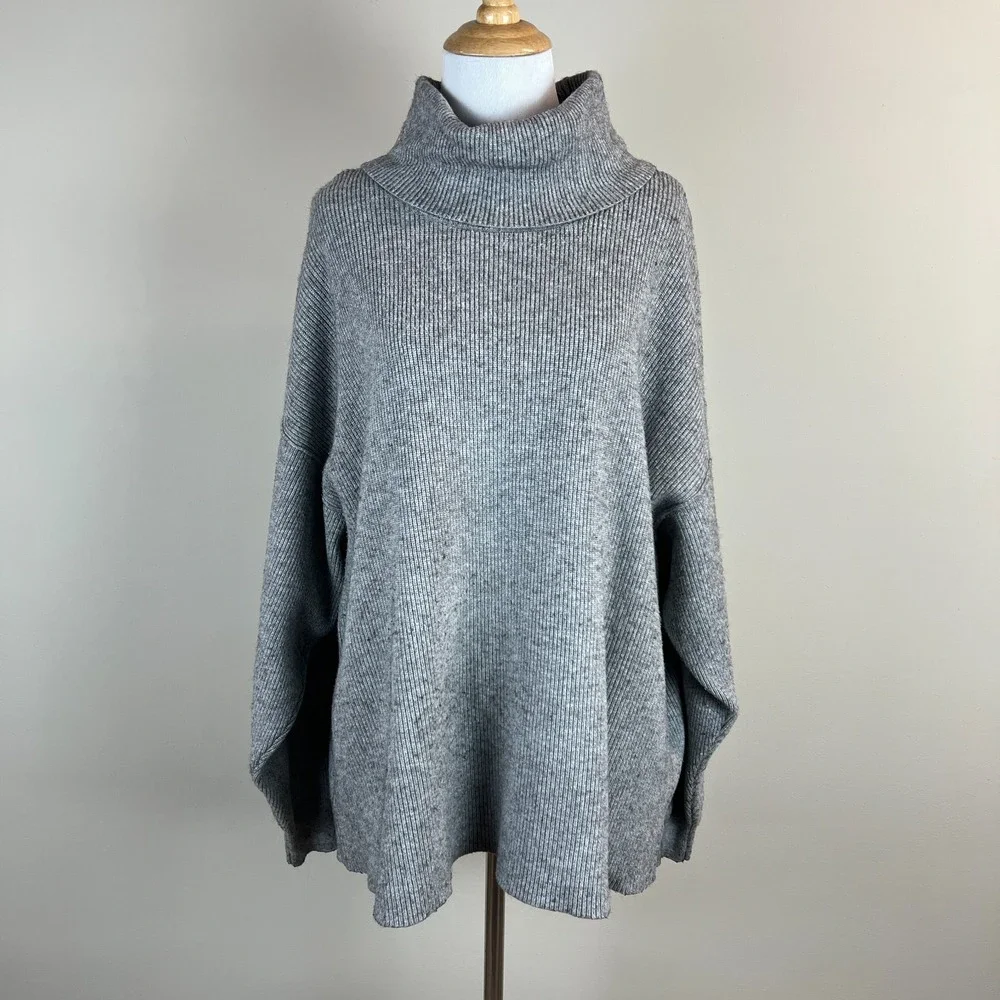 Free People Turtleneck Sweater Womens Large‎ Gray Tunic Oversized Ribbed Knit L